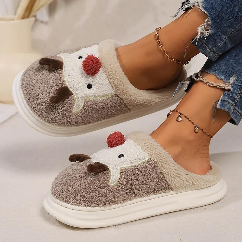 Fashion Winter Warm Cartoon Elk Fluffy Slippers Women Platform Non Slip Home Cotton Shoes Woman Thick Sole Cute Plush House Slippers