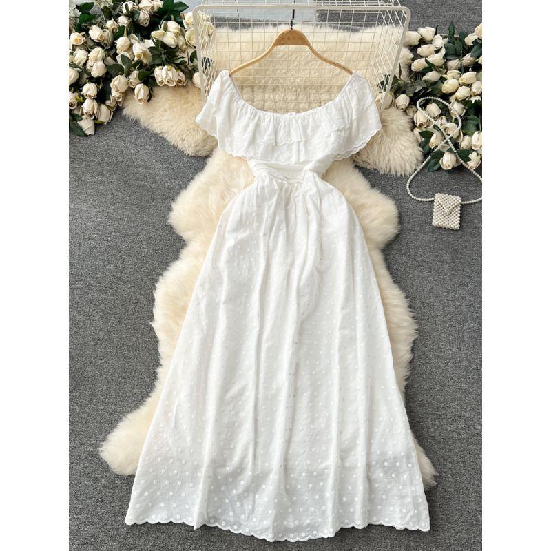 Off-the-Shoulder Sweet Lotus Leaf Silm Long Dress