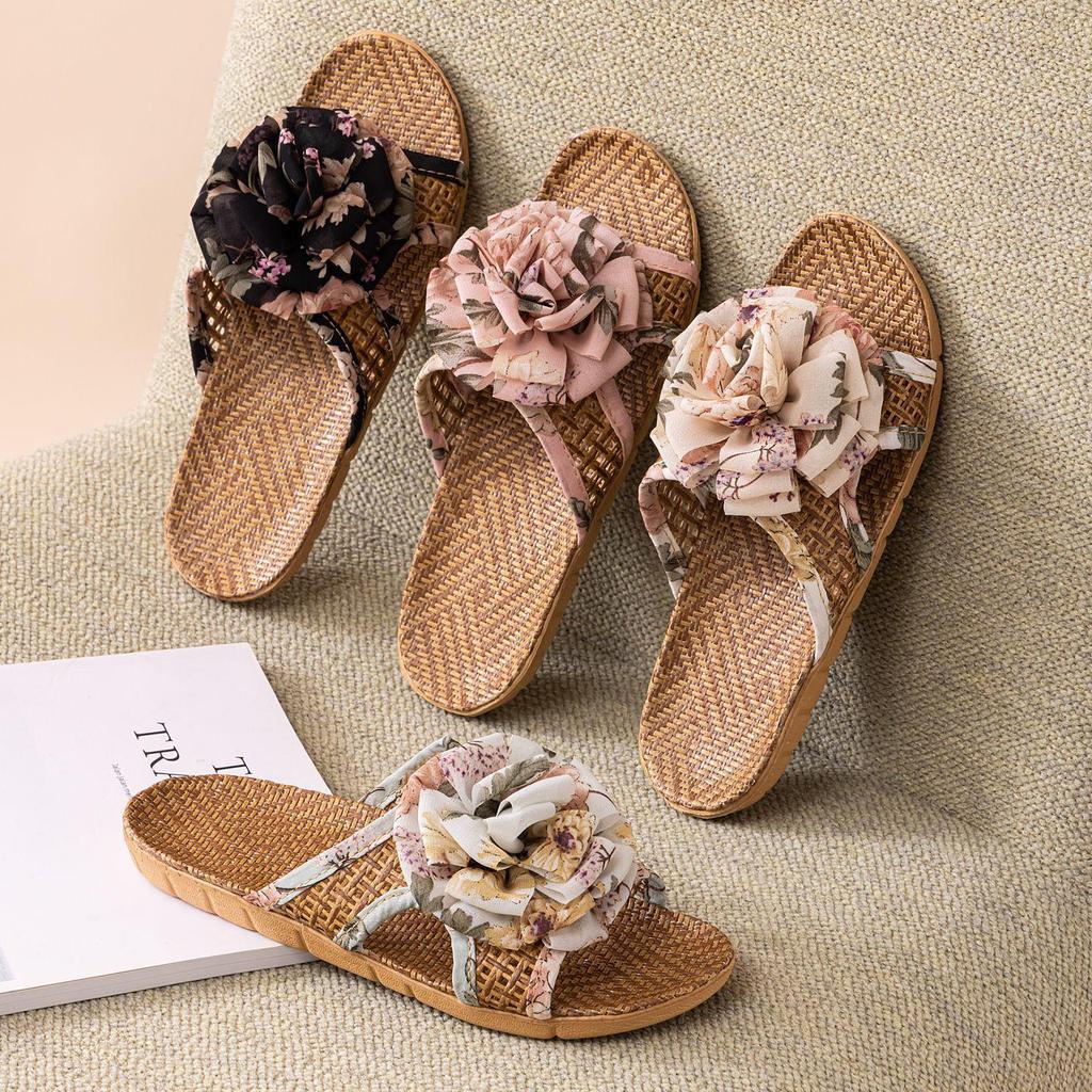 Summer Cool Rattan Mat Slippers - Bowknot Design, Non-Slip Indoor Bamboo Weave, Fish Mouth Style