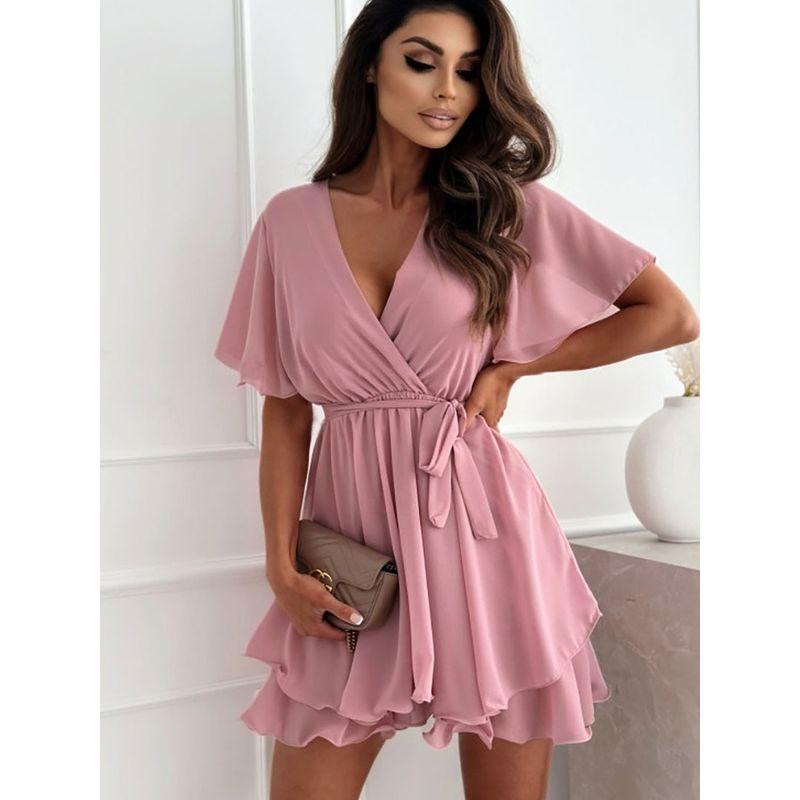 Sweet Summer New Fashion V-neck Sexy Waist Hugging Lace-up Chiffon Frill Short sleeve Dress Skirt DRESS