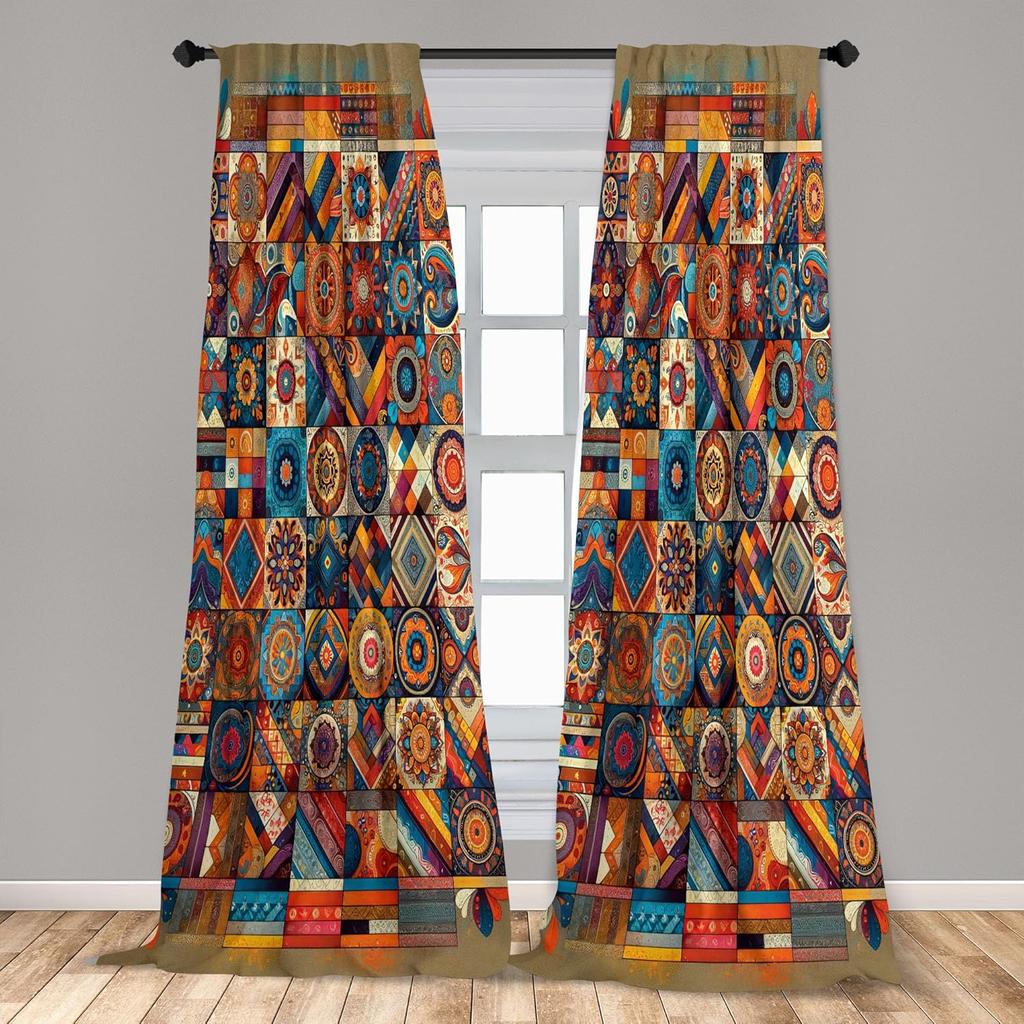 Ambesonne Bohemian Curtains Patchwork Inspired Squares with Mandala Blooms and Folk Geometric Art Window Treatments 2 Panel Se