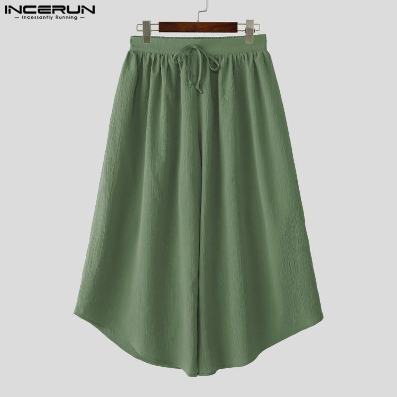 INCERUN  Vintage Men Drawstring Elastic Waist Solid Color Texture Irregular Cropped Loose Pants