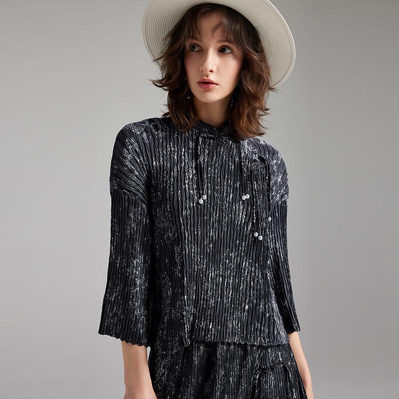Wudao Women s New Chinese Style Pleated Printed Stand Collar Shirt L