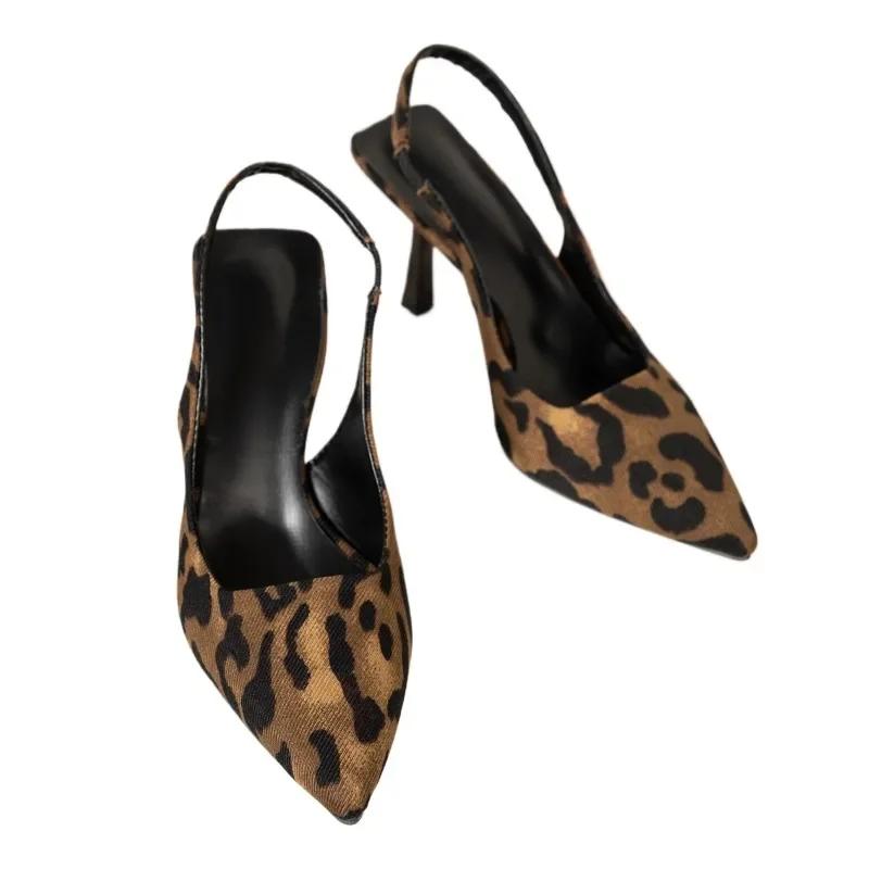 

Модные туфли на высоком каблуке с открытой пяткой 2025 года, женские туфли с острым носком, женские туфли-лодочки с леопардовым принтом, женские босоножки на тонком каблуке 39 цветной печати леопарда