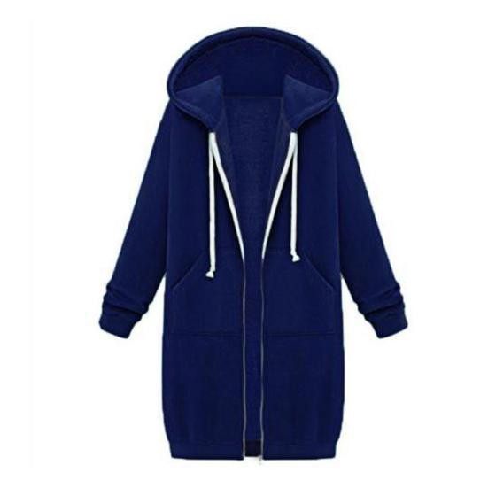 Women Sweatshirt Coat Hooded Adjustable Drawstring Long Sleeve Coat with Pockets Solid Color Mid-length