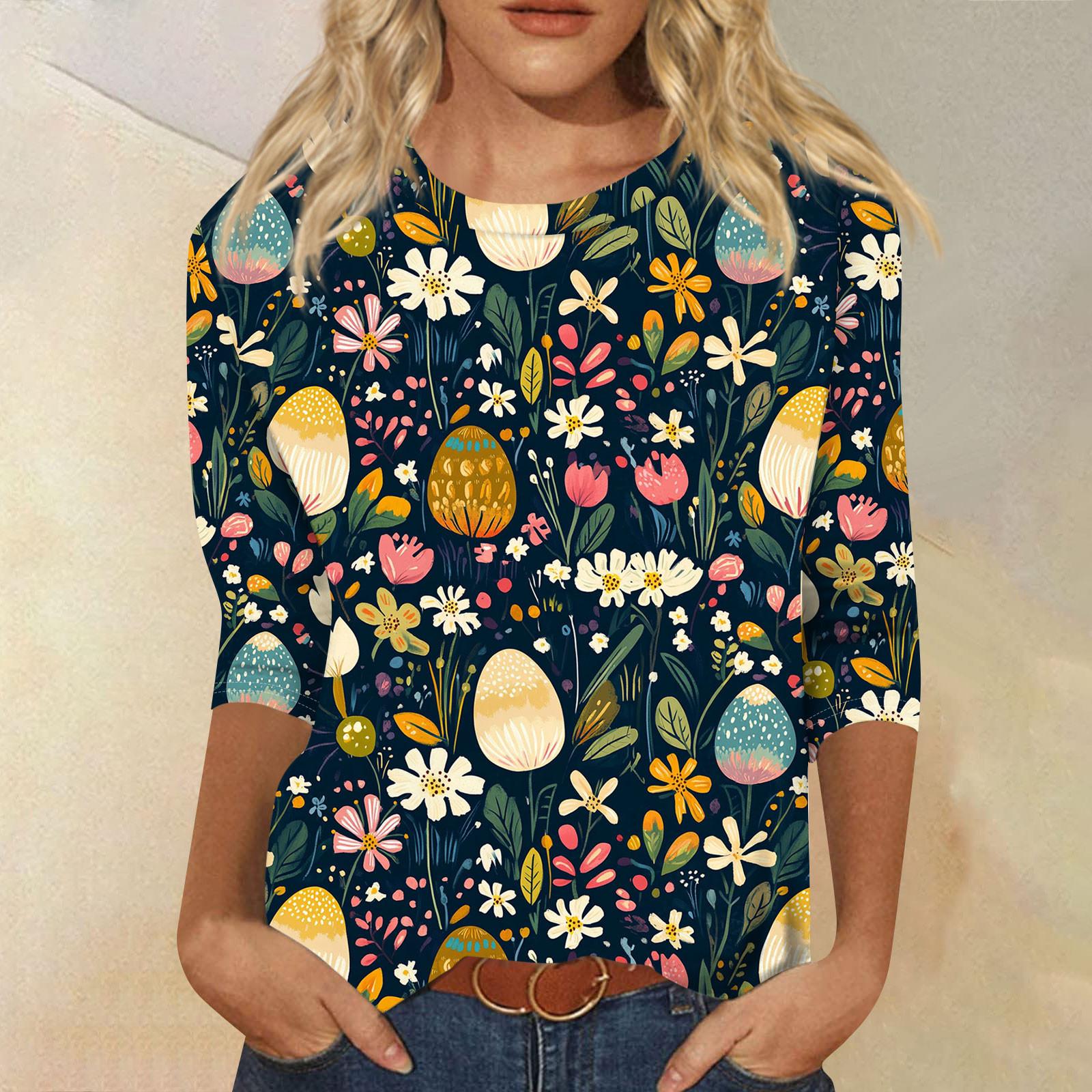 

Жіночий модний повсякденний топ з пасхальним принтом і круглим вирізом з сімома рукавами XL