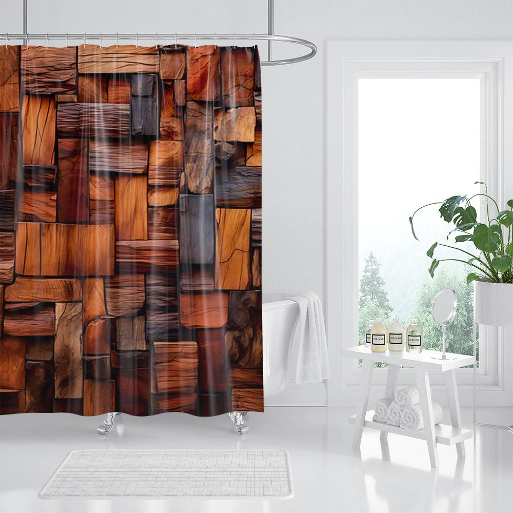 Retro Holzmaserung Duschvorhang Braun Alte Hartholzdiele Natürlich Ländlich Grafikdruck Stoff Badezimmerdekor Set Mit Haken