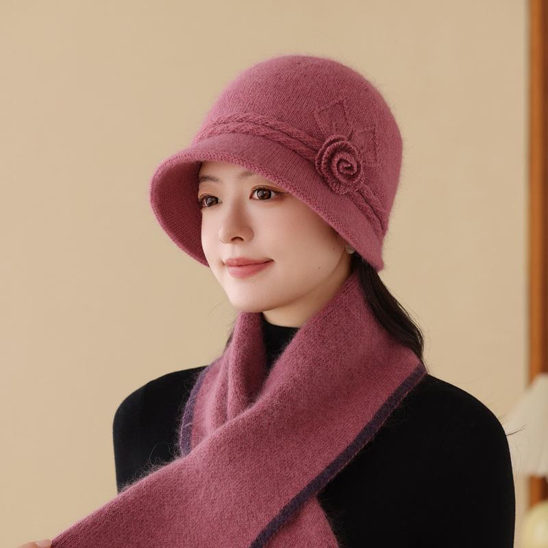 Autumn And Winter Hats Women'S Solid Color Flower High-End Mother Hat Plush Rabbit Fur Warm Knitted Wool Hat