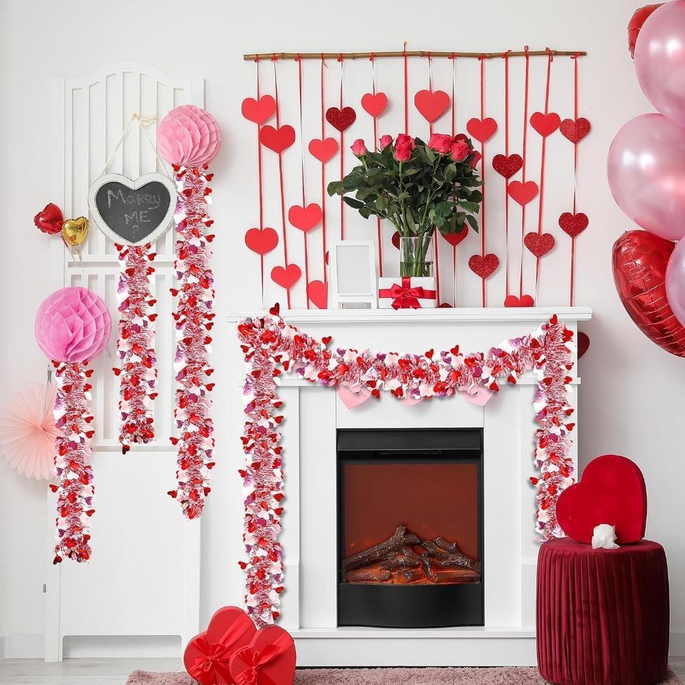 8pcs Valentine'S Day Streamers Heart Tinsel Garland Decorations Pink Red White Metallic Twist Garland Shining Ceiling Hanging Decorations