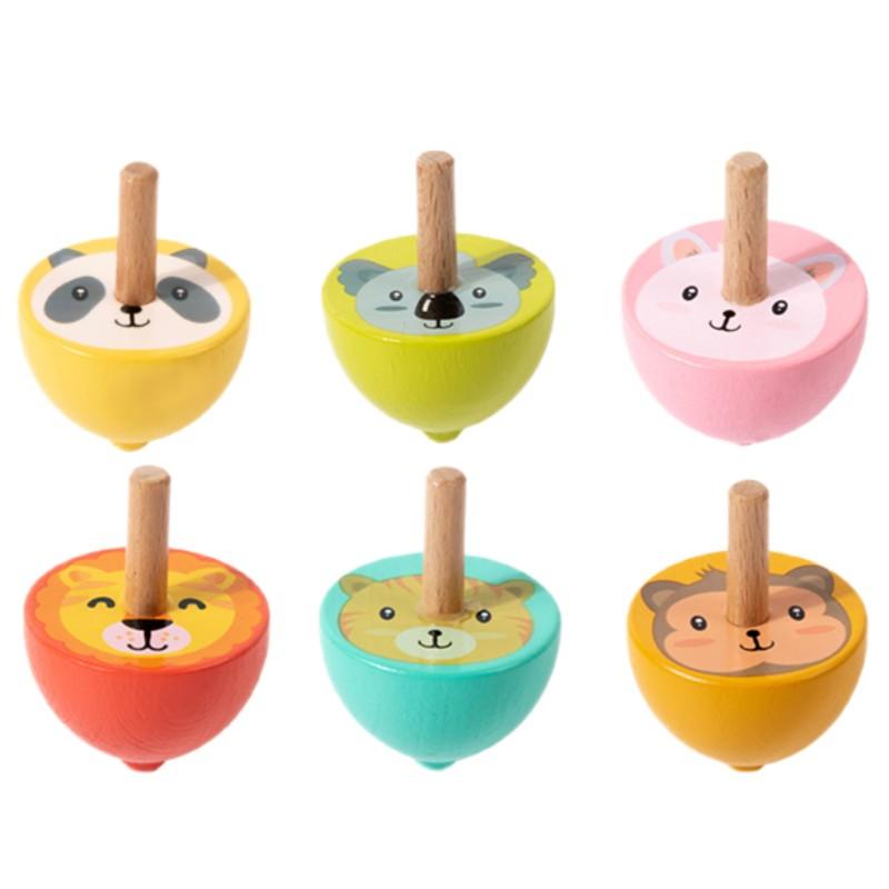 6pcs Wooden Spinning Top Toys Cartoon Montessori Colorful Spinning Gyro Childhood Wooden Gyro Fidget Toys Kids Birthday Gifts