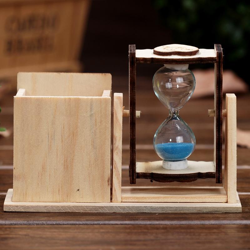 1pcs Wood Sand Glass Hourglass Timer Clock with Pen Holder Home Office Desktop Decor Handmade Craft Gifts