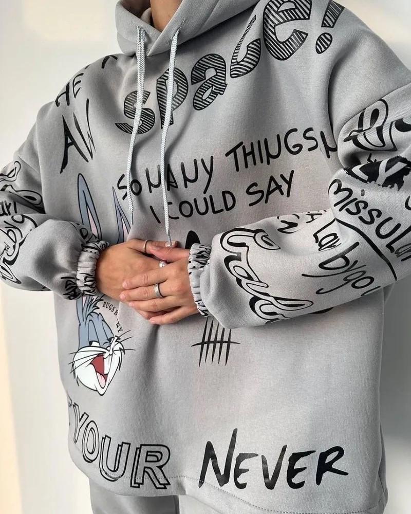 

Европейский и американский женский свитер с капюшоном и карманами, комплект из двух предметов, осень/зима 2025 г. XL светло-серый