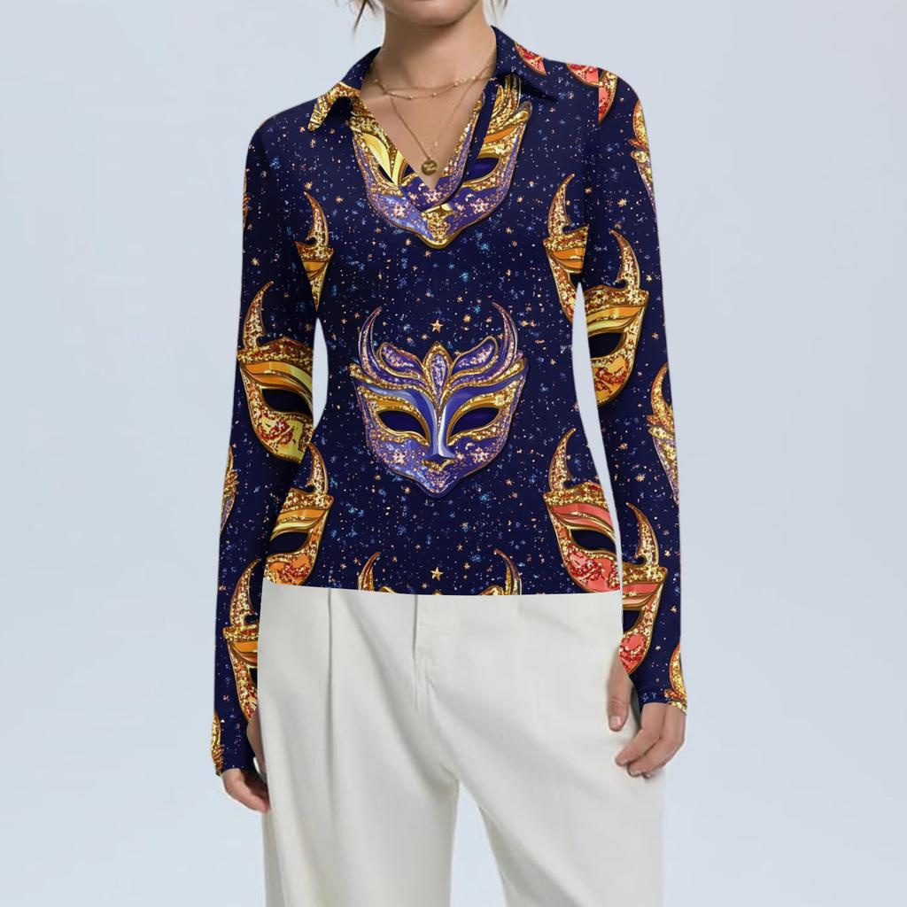Women's Fashion Casual Print V-Neck Long Sleeve Button-Down Top