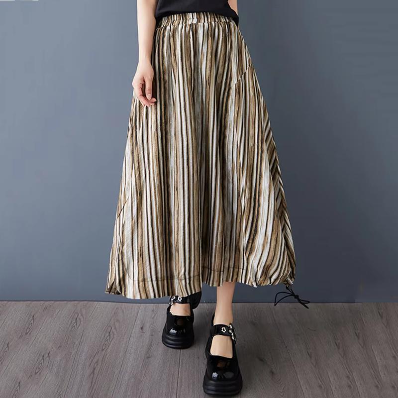 

XITAO Stripe Elastic Waist A-line Skirt GYX1646 хаки