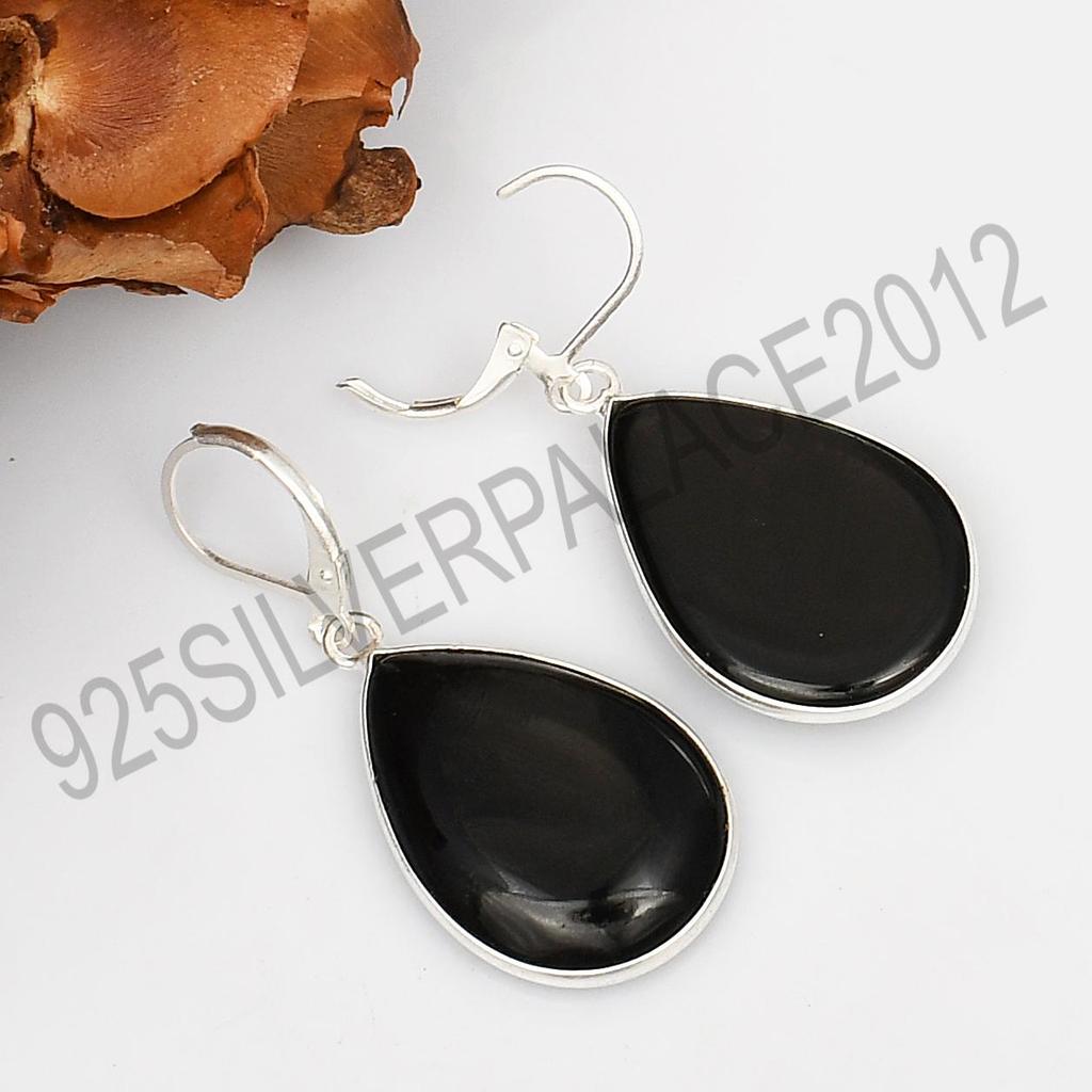 Black Onyx Pear Shape Earrings In 925 Sterling Silver Plated Handmade Dangle Jewelry Leverback Earrings
