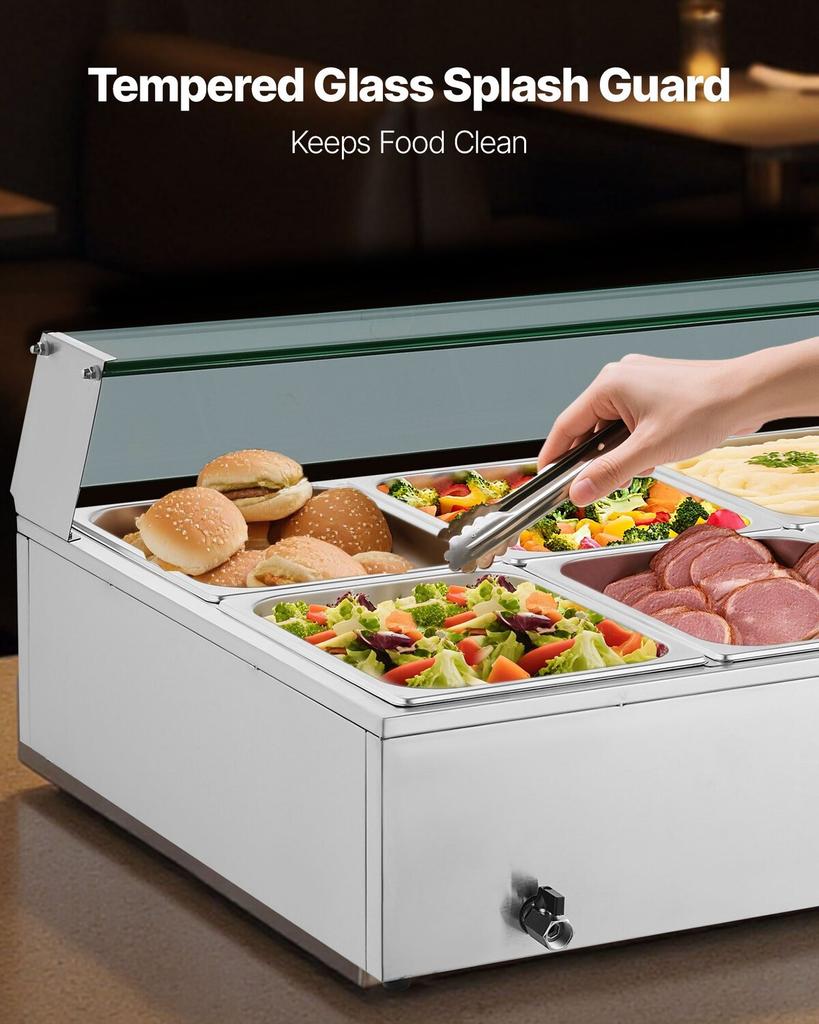 Commercial Food Warmer, 1700W Electric Stainless Steel Steam Food Warmer with Glass Cover, 10-Pan Countertop Buffet Bain Marie with Soup & Perforated