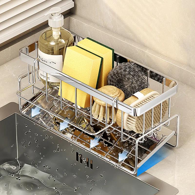 Bathroom Sink Storage Rack Metal Drain Rack with Cutlery Container Dishwashing Sponge Holder Kitchen Countertop Storage Shelf