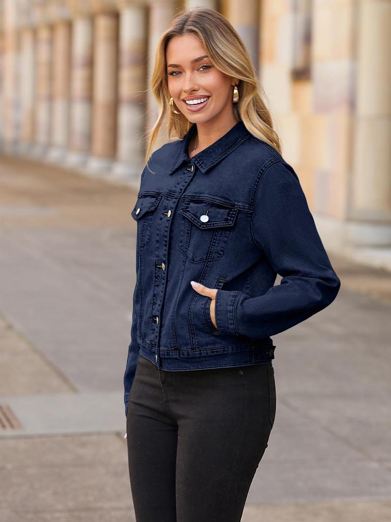 2026 Women's Trendy Long-Sleeve Denim Jacket with Pockets and Fitted Shorts