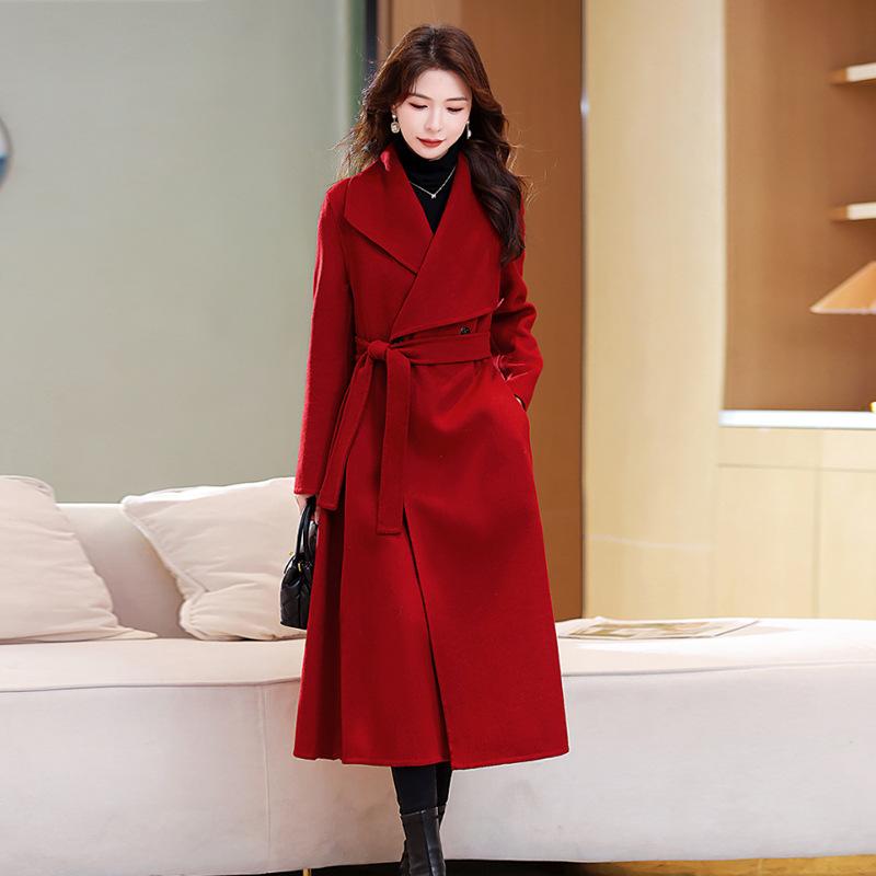 Red Double-sided Wool Coat Women's Extended Autumn and Winter New Wedding Thin Temperament Wool Coat