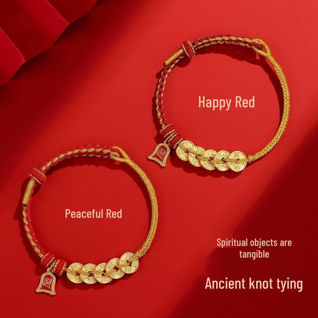 2026 Handgefertigtes Rotes Armband mit Fünf-Kaiser-Münzen: Gewebtes Armband für Männer & Frauen, Benming Jahr Imitiertes Gold Handseil Geschenk