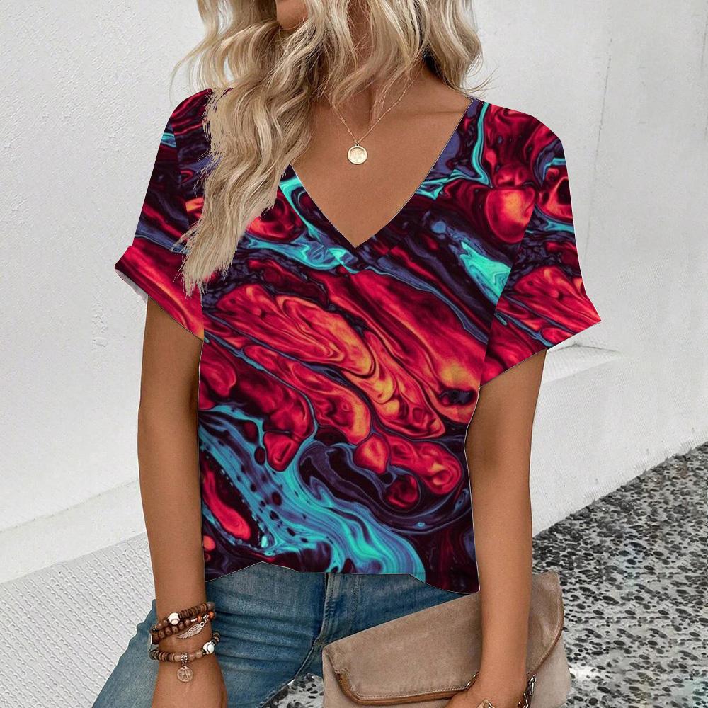Women'sshort Sleeve V-Neck T-Shirt Colorful Tassels Pattern T-Shirt Fashion Casual Women's Elegant Comfort Large Size T-Shirt