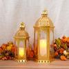 Set of 2 Moroccan Gold Metal Candle Lantern Hanging Portable Glass Candle Holder for Holiday Decor