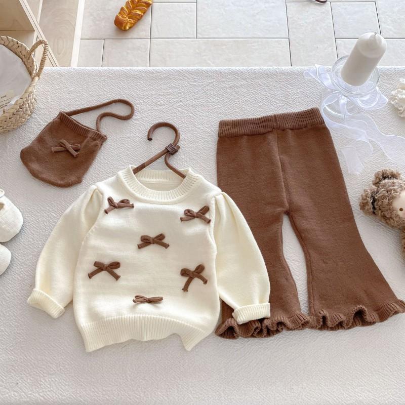 Baby Girl 3-Piece Set Cute Bow Round Neck Top Flared Pants Outfit Toddler Girls