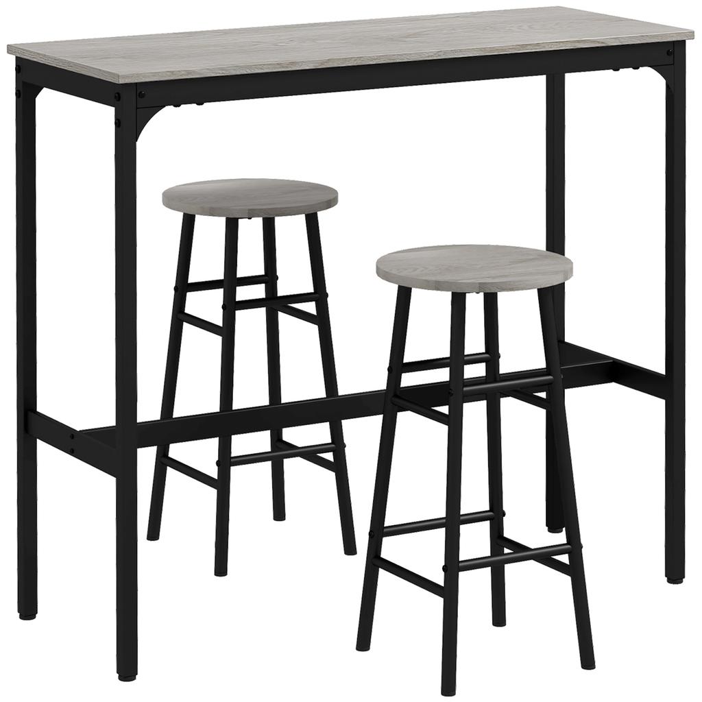 3 Piece Bar Table Set with 2 Stools, Industrial Bar Table and Stool Set, Dining Table and Chair Set, Grey