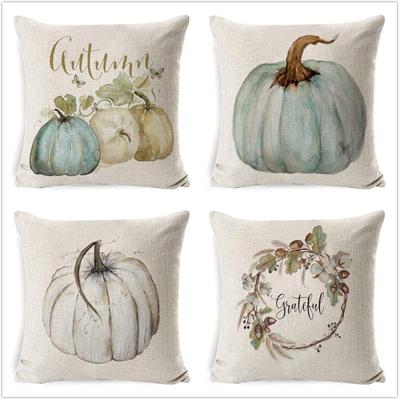 

Осенняя декоративная подушка Осенняя наволочка Наволочки на День Благодарения Осенние тыквенные декоративные наволочки 45 см x 45 см Хлопок Лен синий
