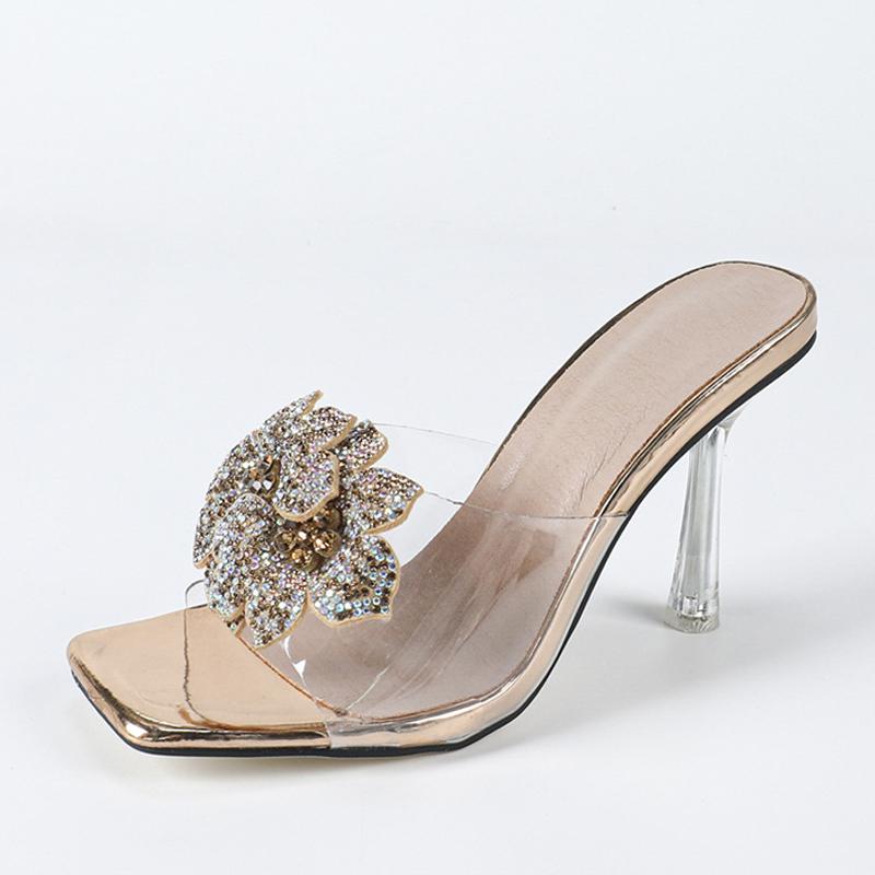 Fashion Liyke Fashion Gold Rhinestone Flowers Square Toe 9CM Transparent Heels Slippers Summer Sandal Clear Shoes For Women Mules Slides