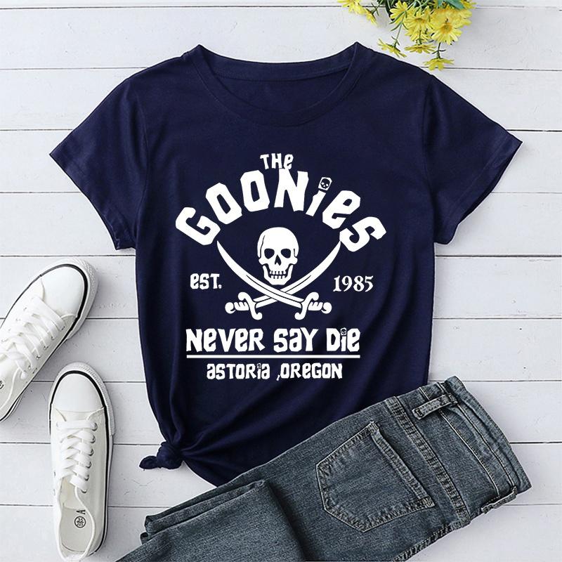 Cool Skull The Goonies 1995 Never Say Die Astoria Oregon Print T-shirts For Women Summer Fashion Casual Short Sleeve Round Tee Tops