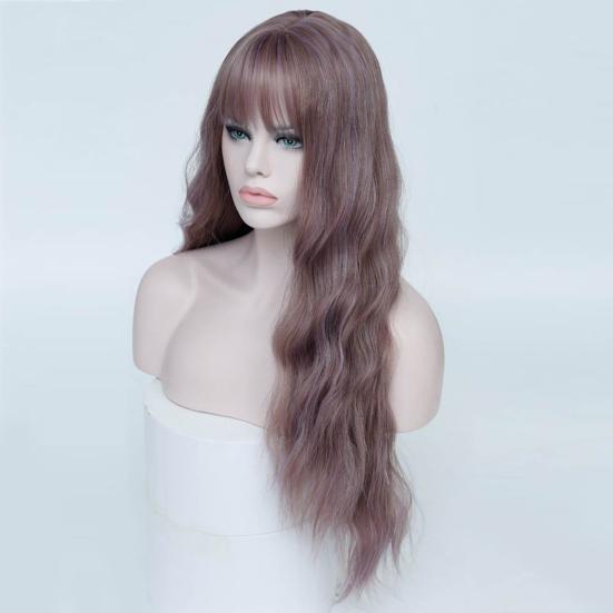 Peruca com franja Cosplay Cabelo longo cacheado Fibra Alta temperatura para festa