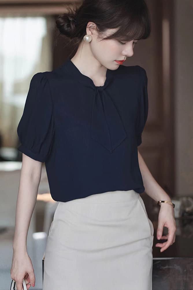 Short Clean [H. Zroy] Shirts, Blouses, Women's Tops, Chiffon, Ribbon, Summer, Sleeves, Plain, Elegant, Office, Slimming, Stylish, OL, Commuting,