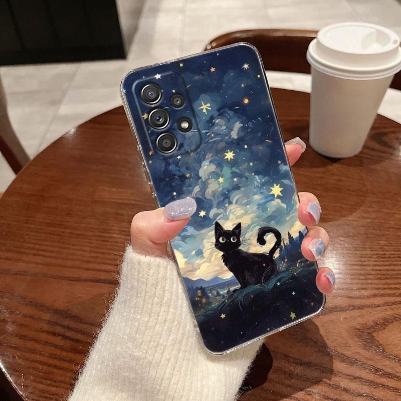Retro Oil Painting Starry Sky Cat Clear Phone Case For Samsung Galaxy A56 A57 A37 A55 A54 A36 A35 A26 A25 A16 A17 A07 A52 Cover