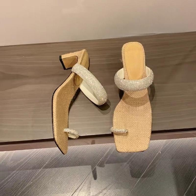 Square Toe Crystal Women Slippers High Heels Sandals Chunky Shoes Women Summer 2025 New Sexy Party Shoes Flip Flops Mujer Pumps