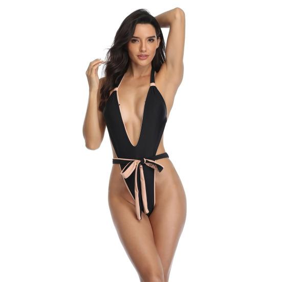 Deep V-neck Backless Bandage Women Monokini Patchwork Color Halter One-Piece Swimsuit