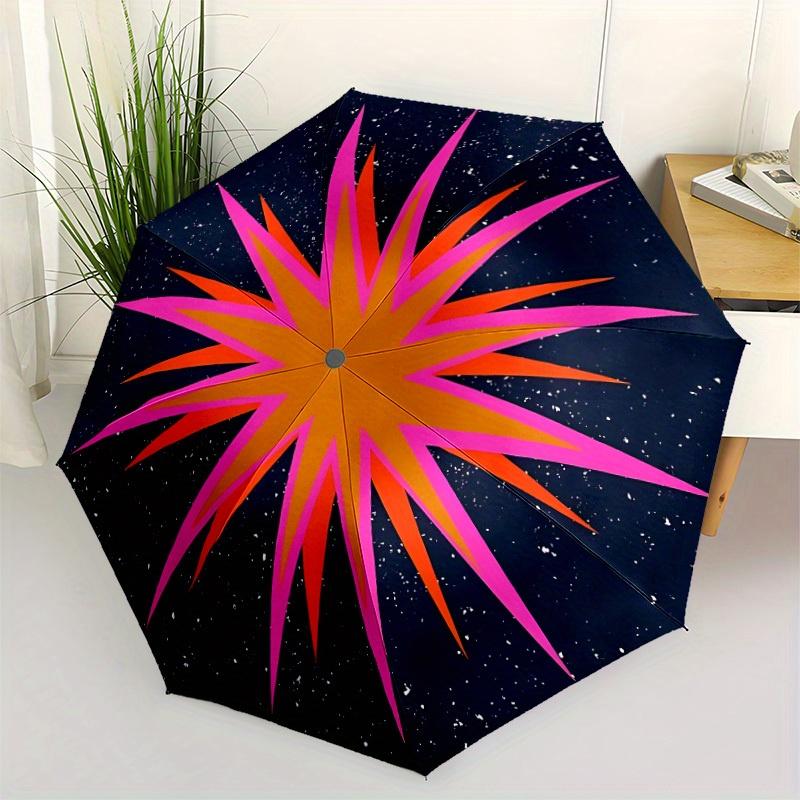 1pc Automatic Open/Close Folding Umbrella with Cosmic Burst Design - Pink & Orange Starburst on Black, 8-Rib Compact Travel Um