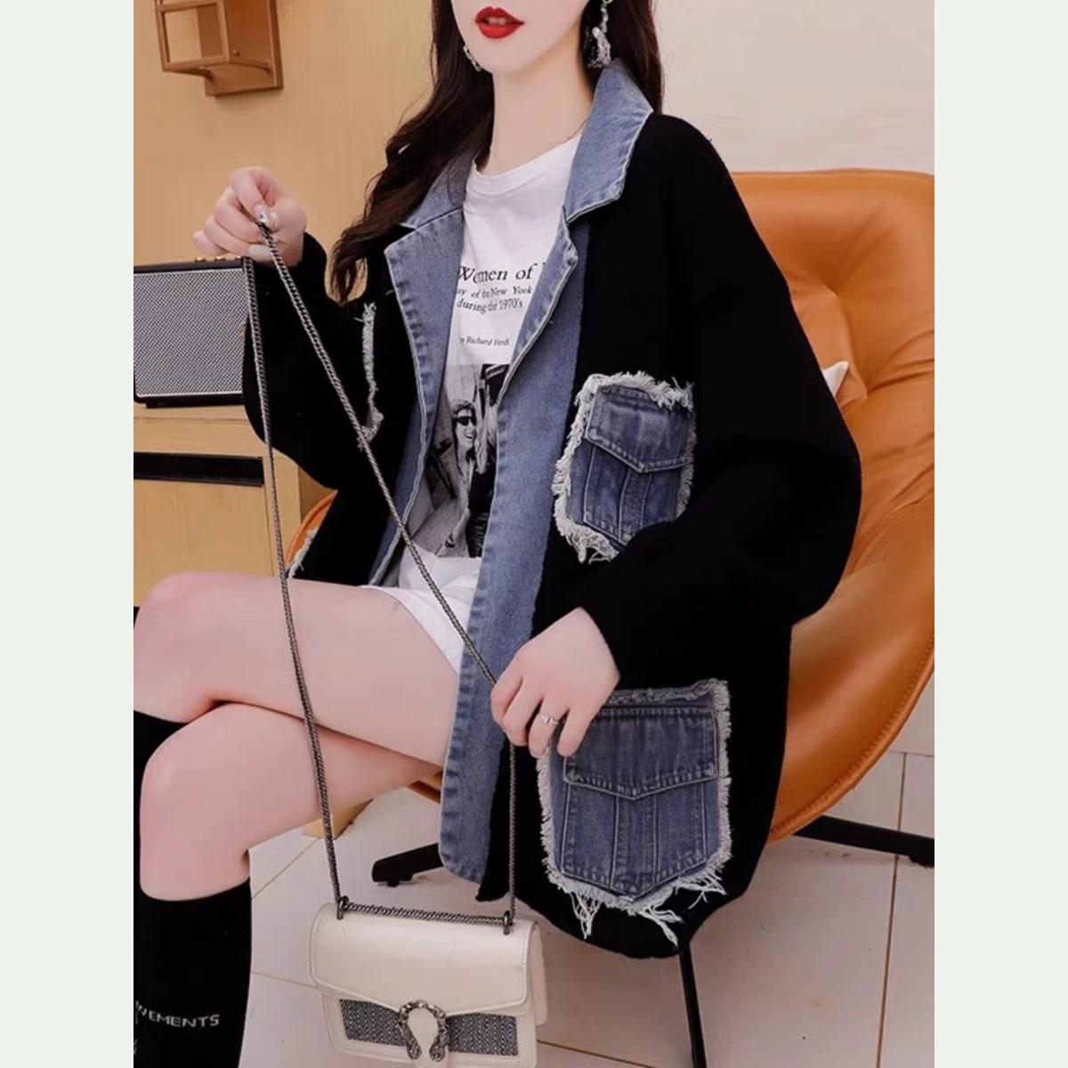 

Джинсовые куртки женские с лацканами, сшитые трикотажные открытые стежки, с длинным рукавом, верхняя одежда One Size чёрный