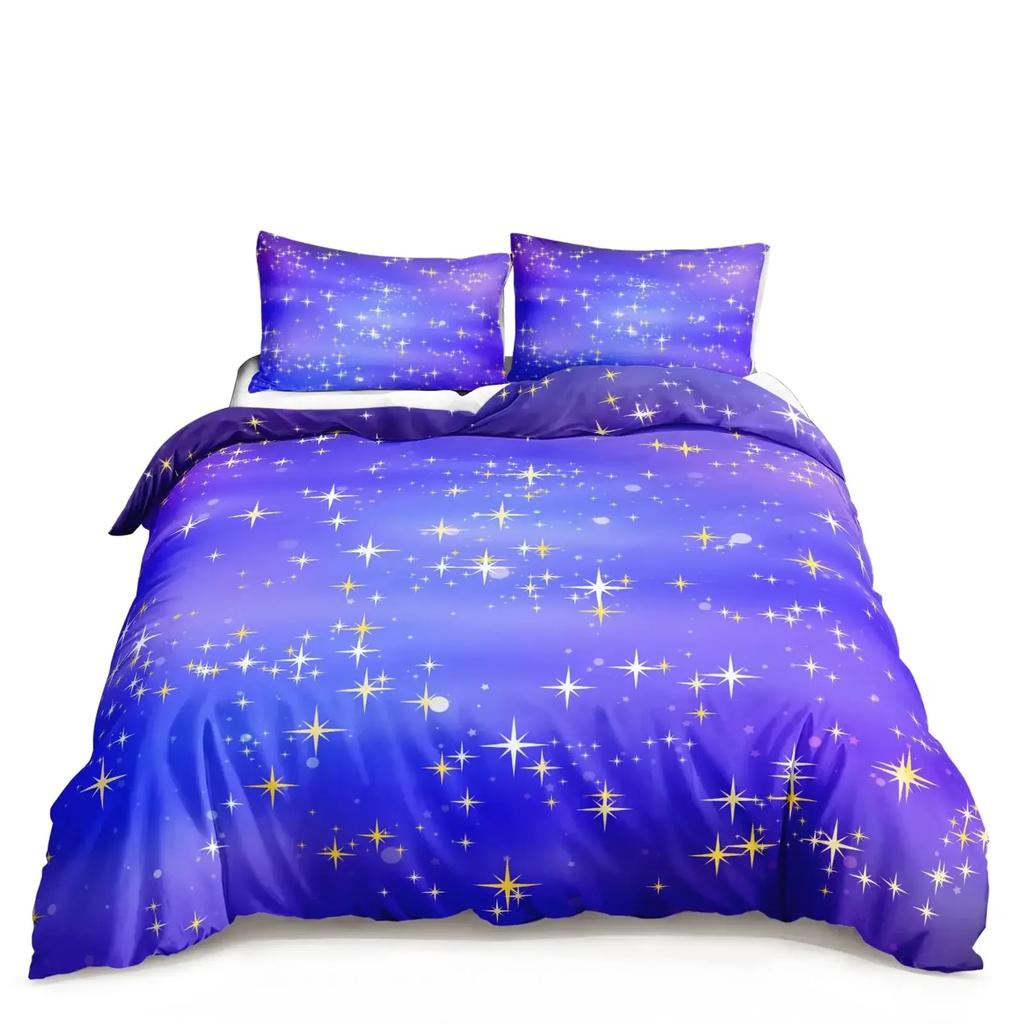 Comforter Kawaii Moon Starry Night Sky Blue Pink Purple Star Galaxy Bedding Sets Full Size For Boys Girls Comforter