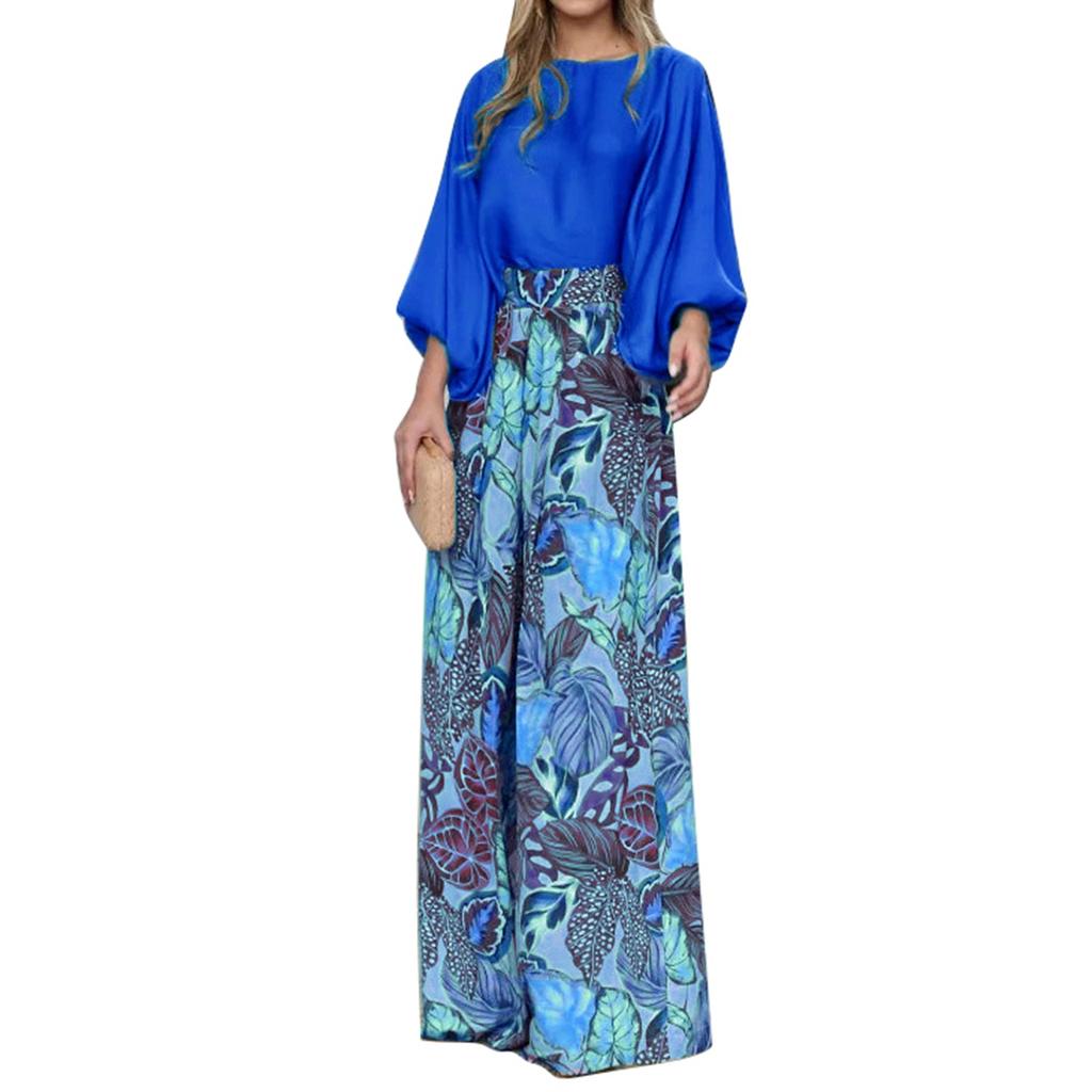 Women Casual 2 Piece Outfit Long Puff Sleeve Crewneck Top Blouse Floral Print Wide Leg Pants for