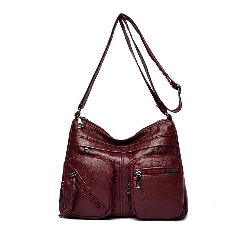 Retro Skulderveske, Motorsykkelveske, Mykt Skinn Flerglidelåsveske