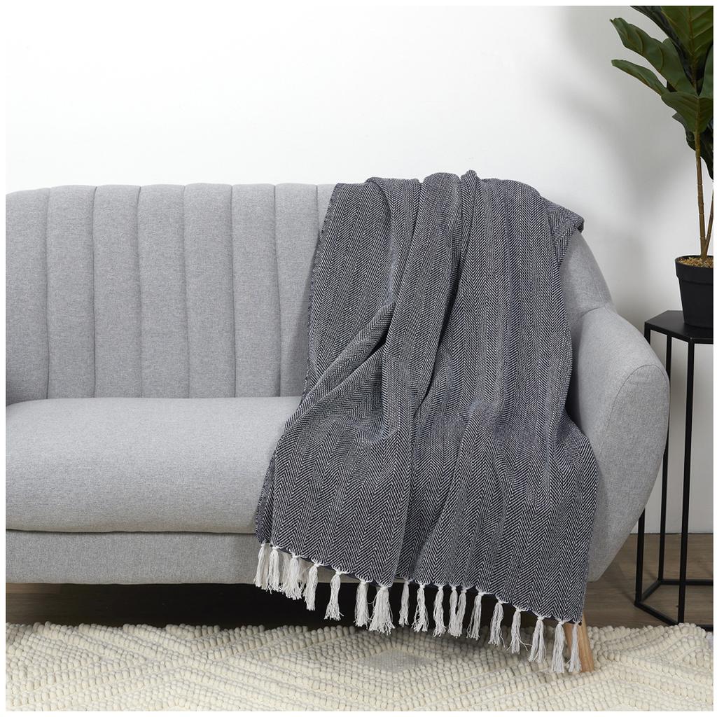 Les Trésors De Lily [A3528] – Marineblauer „Boho“-Jacquard-Überwurf aus Baumwolle – 120 x 150 cm