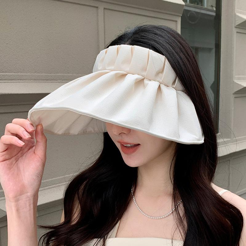 Pleated Open-Top Shell Hat for Women, Summer Korean Style Versatile Wide-Brim Foldable Sun Protection Hat for Outdoor Cycling and Beach