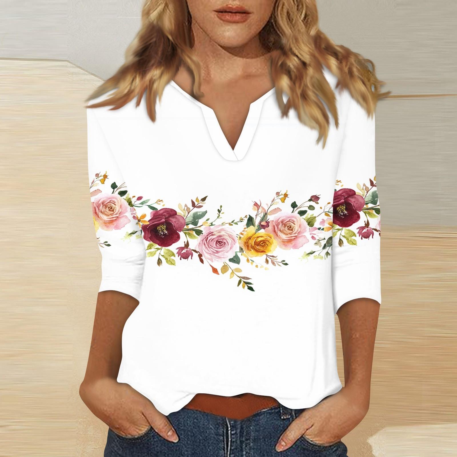 

Women s Stand Collar 3/4 Sleeve Printed Top T-shirt XXL
