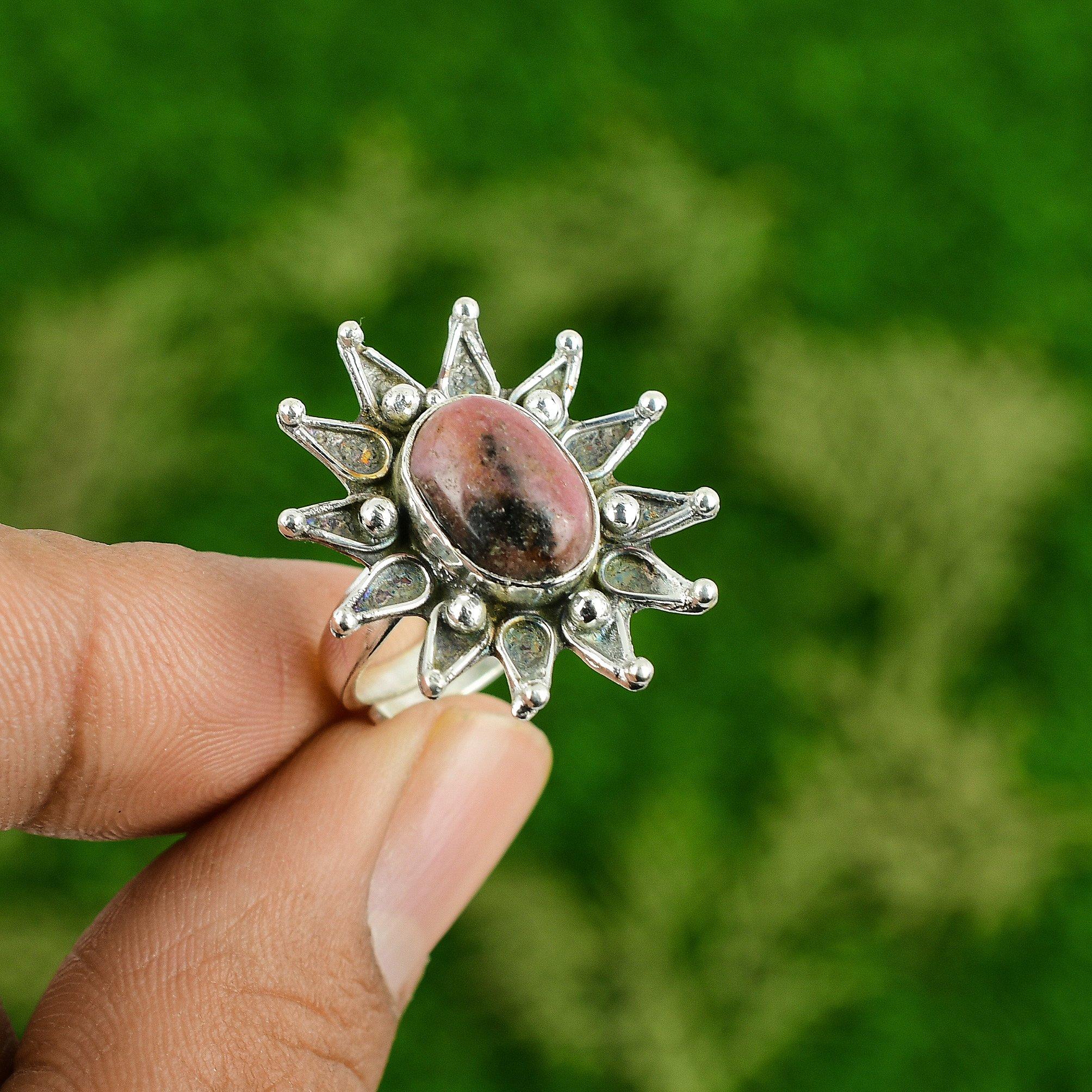 

Womens day Deal Rhodonite Stone 925 Sterling Silver Flower Sister Stackable Ring Adjustable