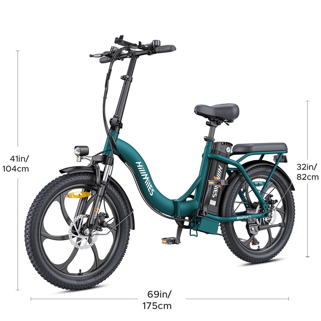 HillMiles MilePort 1 Folding Electric Bike, 20" Fat Tire E-Bike, 36V 13Ah Battery, 250W (Peak 350W) Motor, 7-Speed, 100KM Range, City/Commuter