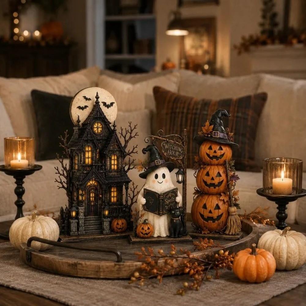 Spooky Wood Haunted House Statue Vintage Stacked Pumpkin Cart Ornament Shelf Decor