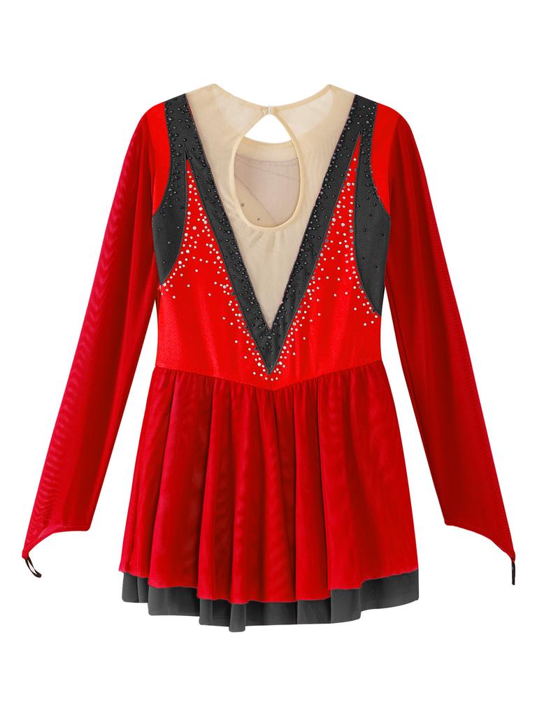 Dětské Dívčí Color Block Dance Dress Třpytivé drahokamy Průsvitná síťovina Dlouhý rukáv Klíčová dírka na zádech Šaty na krasobruslení