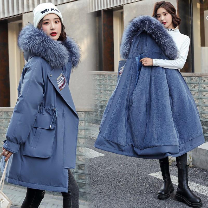 Womens Mid-Long Down Cotton Puffer Coat With Detachable Faux Fur Collar Winter Embroidered Outerwear