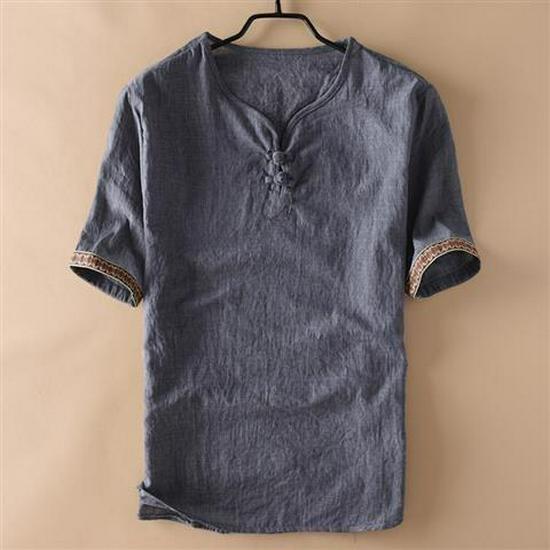 Tricou bărbătesc cu mânecă scurtă, cu nasturi chinezești șifonați, din imitație de in